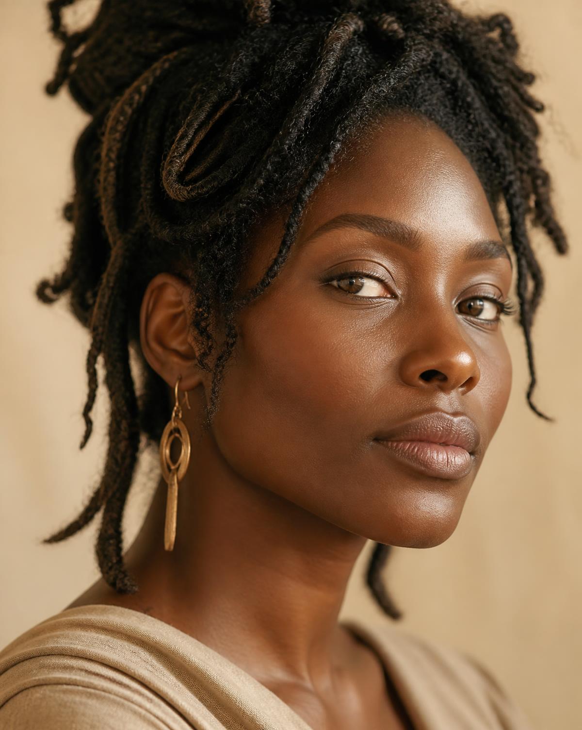 Retrato de mulher negra com locs e cabelo natural